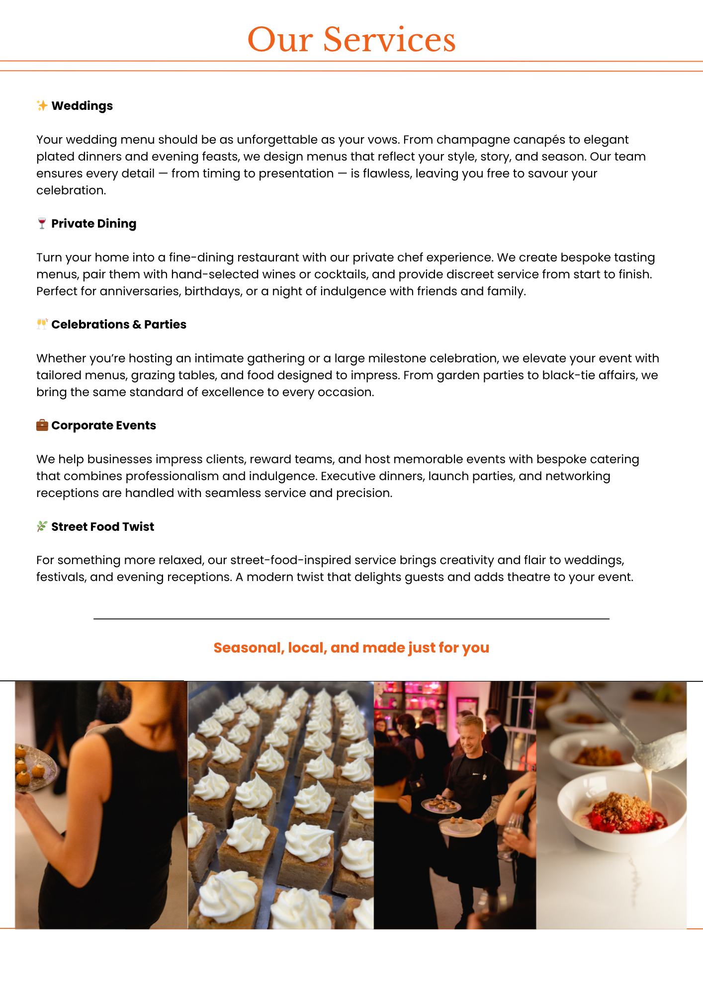 brif explainantion of the services that seconds catering offers, includng weddings, private ddinings, celebrations, parties and corporate events