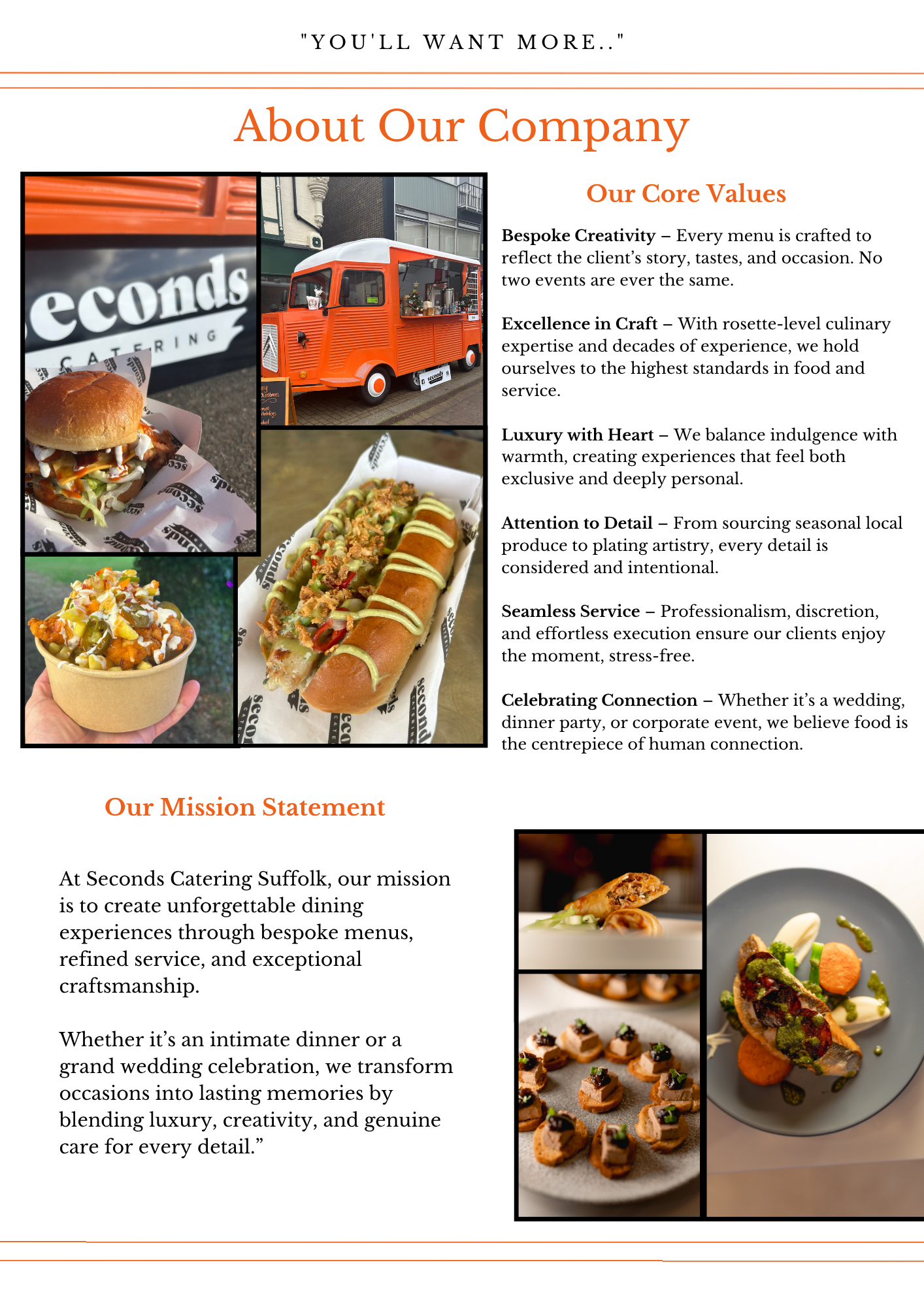 written descrption of ''about th company'' & food truck image surrounding by hot dogs,burger and loaded fries
